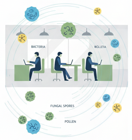 Office workers with visualized bio-aerosols